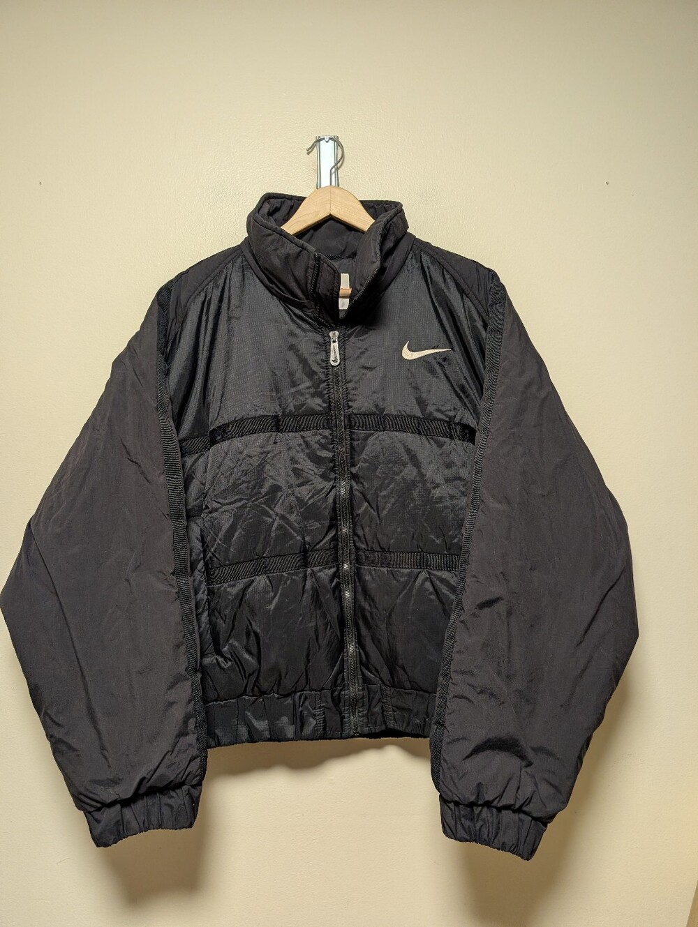 Vintage Nike Black Puffer Jacket Large 90s Y2K Spellout Swoosh Full Zip